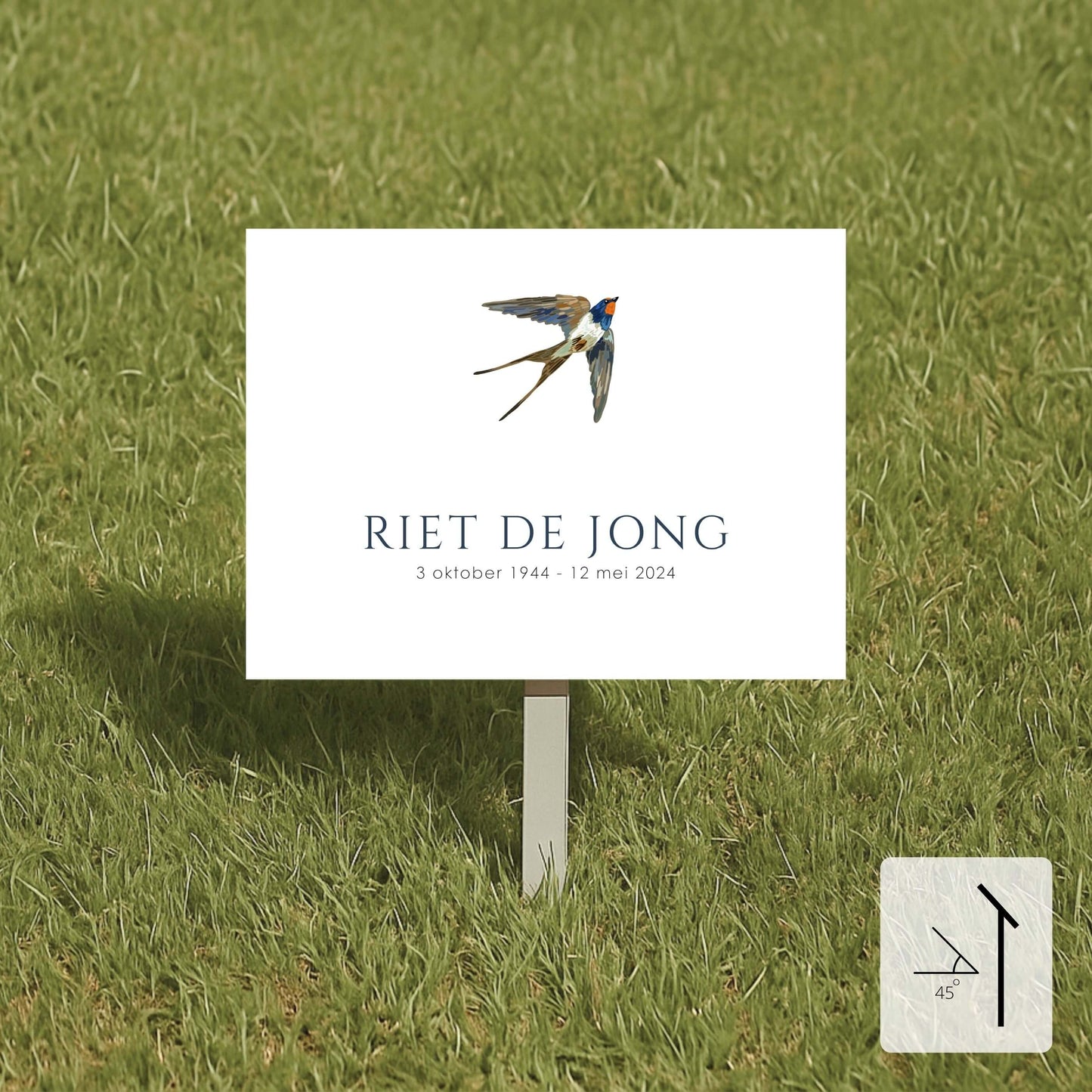 Tijdelijk naambord voor graf 20 x 15 cm, gedrukt op Dibond, personaliseerbaar met naam en tekst